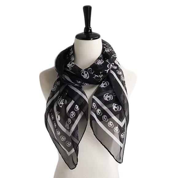 NEW Soft Silky Poly Chiffon B/W Long Scarf w/Skull & Stripe Border 19” W… - Picture 7 of 8
